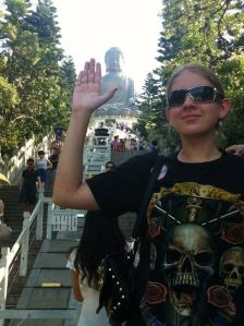 This is me standing at a the 'big Buddha' in Hong Kong. Loved this place!